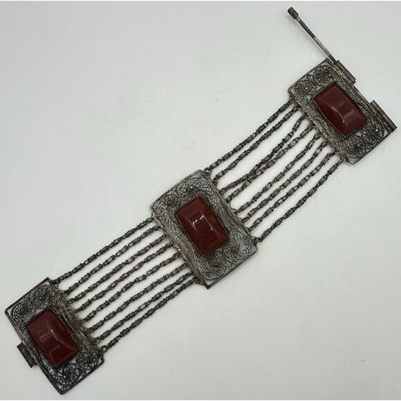 Antique Ottoman Turkish 800 silver handmade filigree carnelian glass bracelet - Picture 2 of 10